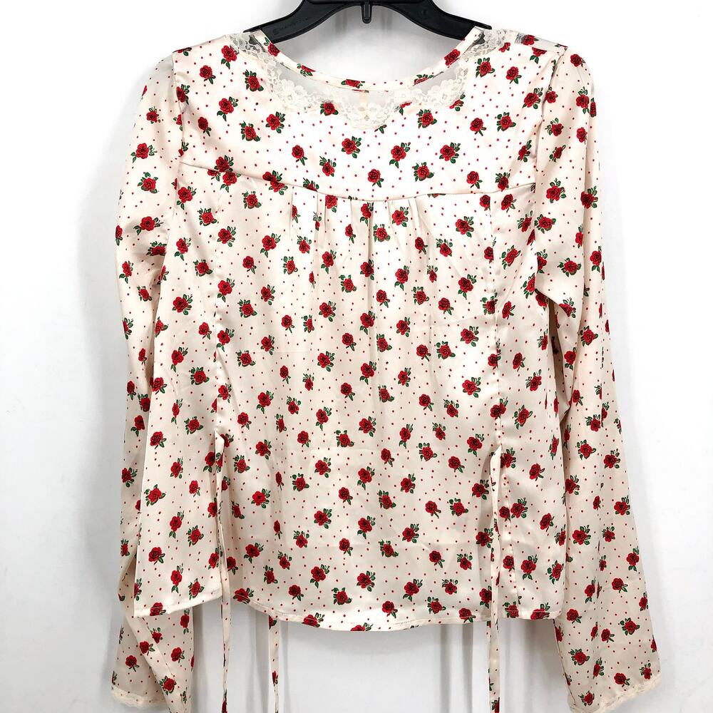 FREE PEOPLE Women's Field of Roses Top Medium Cream Red Long Sleeve NWOT - Picture 9 of 13